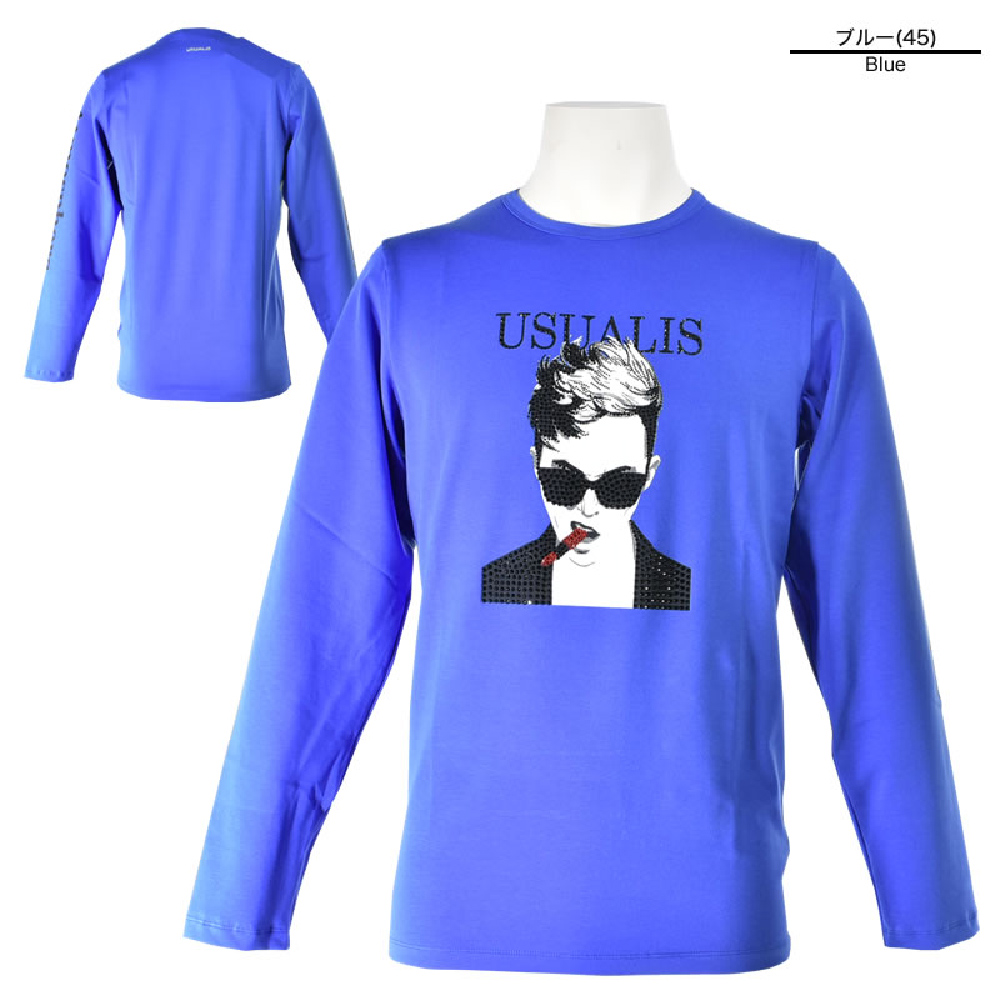 USUALIS ウザリス 長袖Tシャツ メンズ 2019春夏 ストレッチ 袖プリント 人物 ラインストーン 91-1505-60